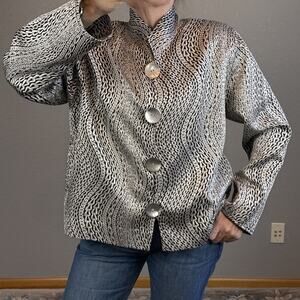 Caroline Rose Silver Chain Print Blazer Size XL Mandarin Collar Metal Button
